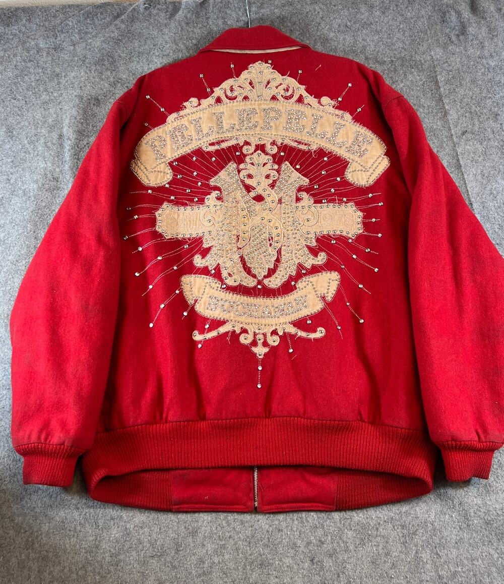 VTG Pelle Pelle Jacket Mens XL Red Wool Quilted Rhinestones Embellished Hip Hop